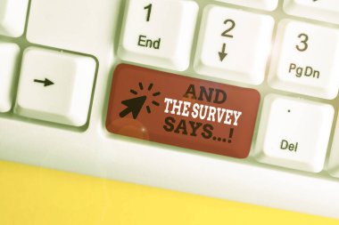 Gösteren not yazma ve Anket diyor. İş fotoğraf beyaz arka plan üzerinde not kağıdı ile internet beyaz pc klavye kısa sınav veya sınav yazılı sözlü sonuçları vitrine.