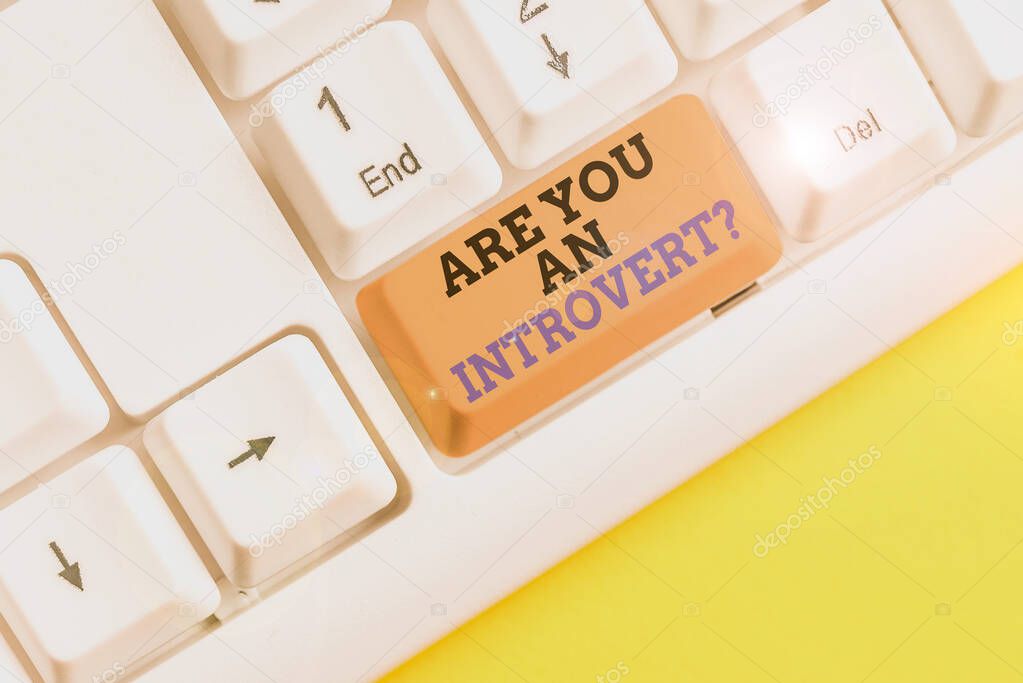 Text sign showing Are You An Introvertquestion. Conceptual photo demonstrating who tends to turn inward mentally White pc keyboard with empty note paper above white background key copy space.