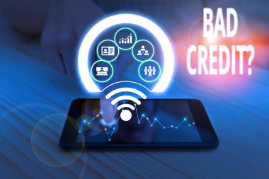 Kötü Kredi Sorusu gösteren metin işareti. Kavramsal fotoğraf yetersizliği bir borcu zamanında ve tam resim sistemi şeması modern teknoloji akıllı aygıtı geri ödemek için bir gösteri.