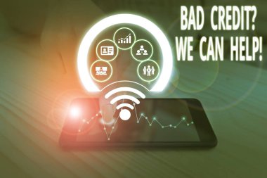 Yardım Edebileceğimiz Kredi Sorusu 'nu gösteren bir mesaj. Kavramsal fotoğraf teklifi pozitif ödeme tarihi edinmek için yardımcı Fotoğraf sistemi şeması modern teknoloji akıllı aygıtı.