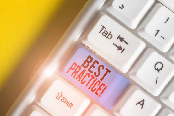 Word writing text Best Practice. Business concept for commercial procedures that are accepted prescribed being correct White pc keyboard with empty note paper above white background key copy space. — Stock Photo, Image