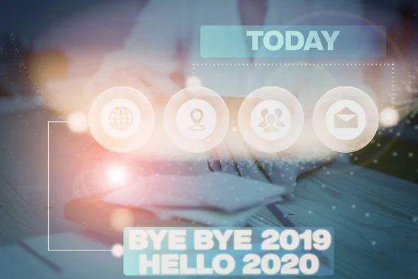 Word writing text Bye Bye 2019 Hello 2020. Üzleti koncepció a tavalyi évtől való elbúcsúzásra és egy másik jó fogadására Picture photo system network scheme modern technology smart device. — Stock Fotó