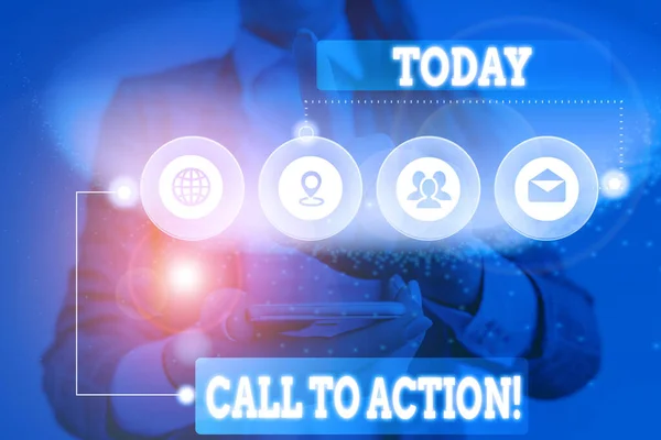 Handstilstext: Call To Action. Begreppet förmaning göra något för att uppnå mål med problem Bild fotosystem nätverk system modern teknik smart enhet. — Stockfoto