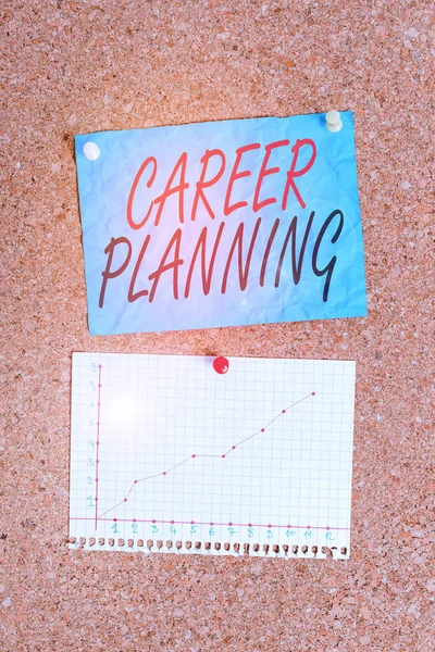 Notiz über die Karriereplanung. Business-Foto präsentiert strategisch planen Sie Ihre Karriereziele und Arbeitserfolg Korkboard Größe Papier Thumbtack Blatt Plakatwand Pinnwand. — Stockfoto
