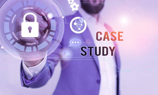 Handwriting text writing Case Study. Concept meaning analysis and a specific research design for examining a problem Male human wear formal work suit presenting presentation using smart device.