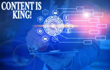 İçeriğin Kral olduğunu gösteren mesaj işareti. Kavramsal fotoğraf pazarlaması ödenmemiş arama sonuçları odaklı fotoğraf sistemi şeması modern teknoloji akıllı aygıtı.