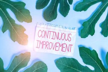 Sürekli Gelişme gösteren bir not yazıyorum. Ürün ve süreçleri geliştirmek için sürdürülen iş fotoğrafı boş yumuşak pastel masanın üzerinde bırakılan not kağıdını gösteriyor.