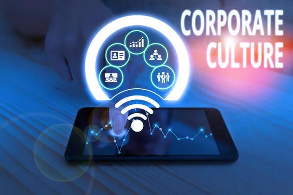 Text sign showing Corporate Culture. Conceptual photo pervasive values and attitudes that characterize a company Picture photo system network scheme modern technology smart device.