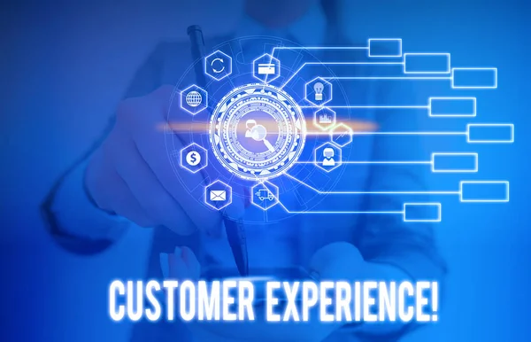 Conceptual hand writing showing Customer Experience. Business photo text product of interaction between organization and buyer Picture photo network scheme with modern smart device.