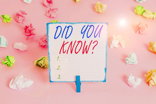 Handwriting text Did You Know Question. Concept meaning when you are asking someone if they know fact or event Colored crumpled papers empty reminder pink floor background clothespin.