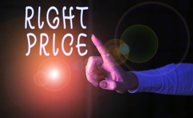 El yazısı metin Sağ Fiyat. Kavram, kopya alanını işaret eden el ile Karanlık'ı işaret eden ürün Parmak için makul olan para miktarı anlamına gelir.