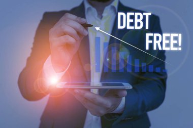 Conceptual hand writing showing Debt Free. Business photo showcasing does not owning any money or things to any individual or companies Male wear formal suit presenting presentation smart device. clipart
