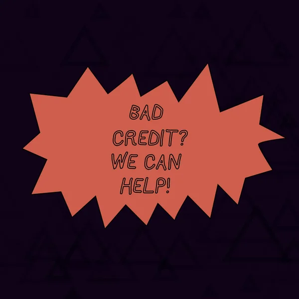 Texto de escritura de palabras Bad Creditquestion We Can Help. Concepto de negocio para ofrecer ayuda para obtener un historial de pagos positivo Esquema de figura de patrón de malla triangular en dos tonos violeta para diseño moderno . —  Fotos de Stock