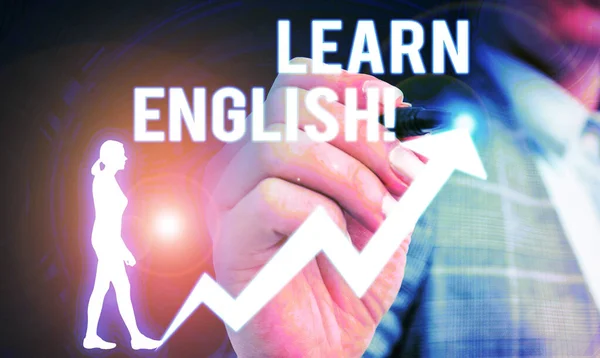 Handwriting text writing Learn English. Concept meaning gain acquire knowledge in new language by study Female human wear formal work suit presenting presentation use smart device.