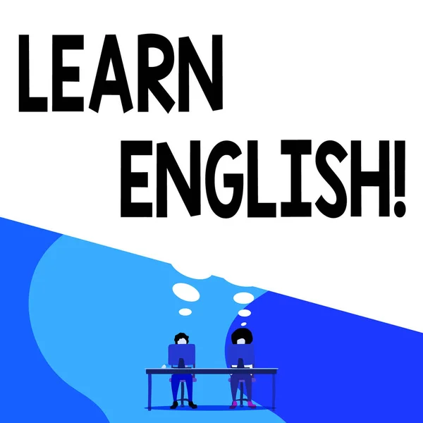 Conceptual hand writing showing Learn English. Business photo text gain acquire knowledge in new language by study Man with purple trousers sit on chair fellow near computer table. — Stock Photo, Image