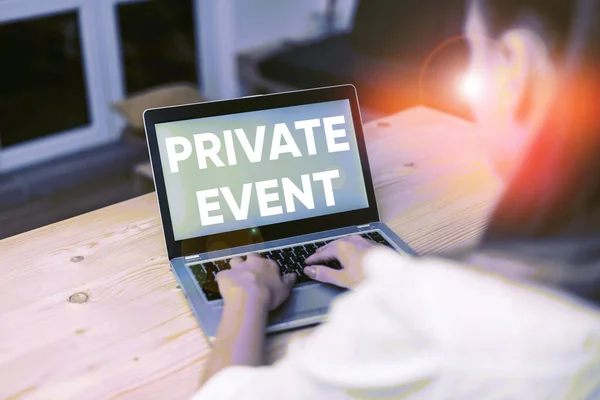 Conceptual hand writing showing Private Event. Business photo text Exclusive Reservations RSVP Invitational Seated woman with laptop smartphone and office supplies technology. — Stock Photo, Image