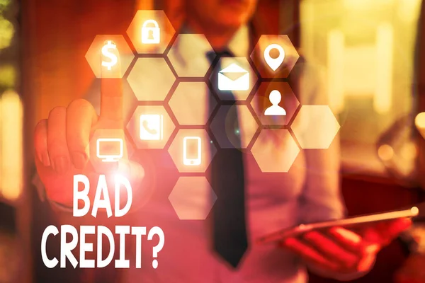 Word writing text Bad Creditquestion. Business concept for inabilityof a demonstrating to repay a debt on time and in full. — Stock Photo, Image