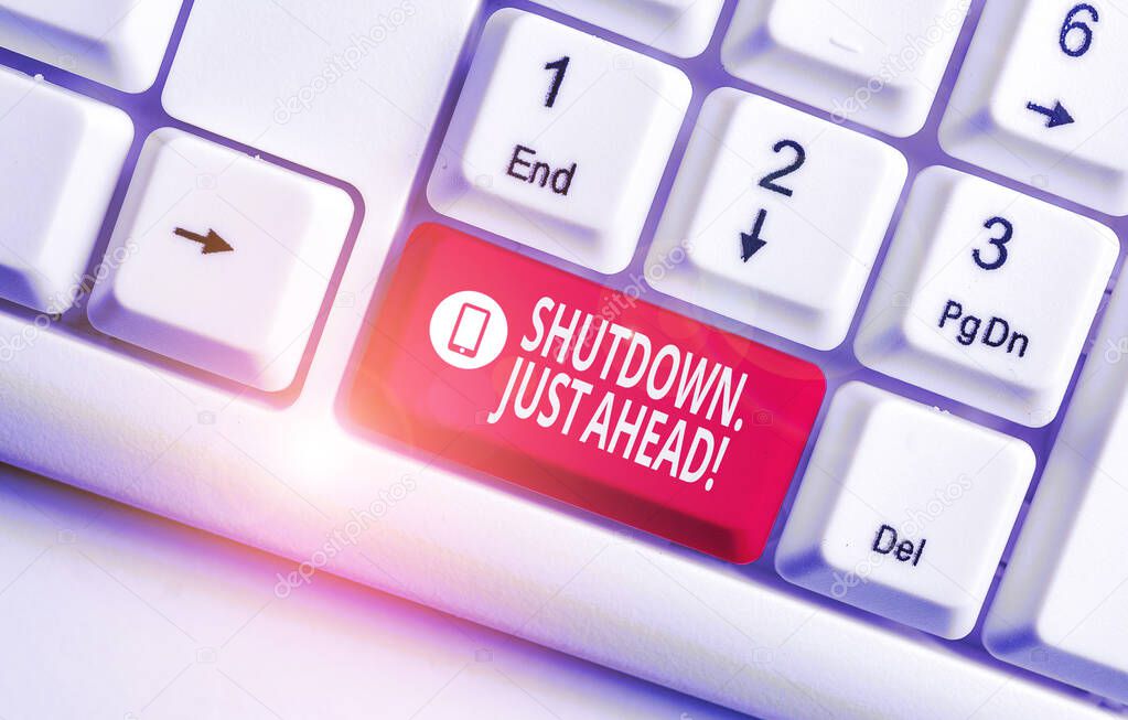 Text sign showing Shutdown Just Ahead. Conceptual photo closing factory business either short time or forever White pc keyboard with empty note paper above white background key copy space.