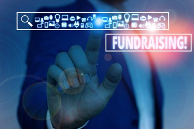 Bağış toplamayı gösteren bir metin işareti. Kavramsal fotoğraf sadaka için mali destek oluşturmak veya erkek insan giyim resmi iş elbisesi akıllı cihaz kullanarak sunum sunan neden isteyen.