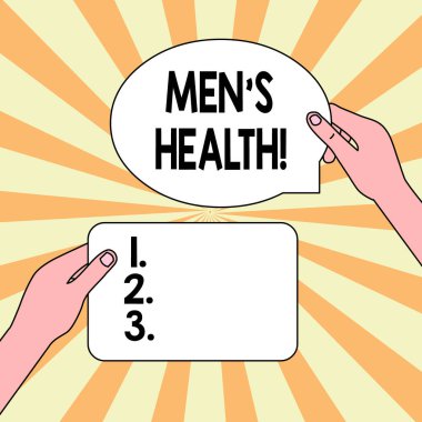 Men S Health'i gösteren bir not yazıyorum. İş fotoğraf tam fiziksel zihinsel ve sosyal refah durumu analiz iki Figürlü Tablet İşaretler Ellerde Bir Diğer Metin Alanı Yukarıda Düzenlenen varlık.