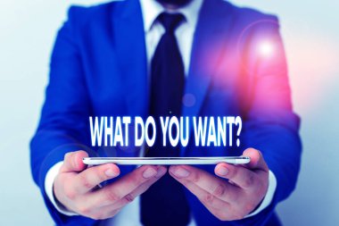 El yazısı metin ne soru istiyorsun yazma. Kavram anlamı söylemek ya da bir kravat ile mavi suit işadamı bir şey hakkında gösteren sormak için yazmak elinde tur üst tutar.