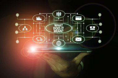 Kelime yazma metni Nedir Sorusu. Belirsiz ifade iletişim kurmak için amaçlanan iş konsepti Kadın akıllı cihaz kullanarak sunum sunan resmi iş elbisesi giymek.