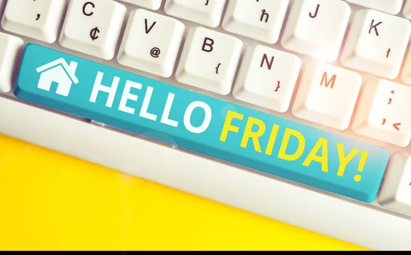 Text sign showing Hello Friday. Conceptual photo you say this for wishing and hoping another good lovely week White pc keyboard with empty note paper above white background key copy space.