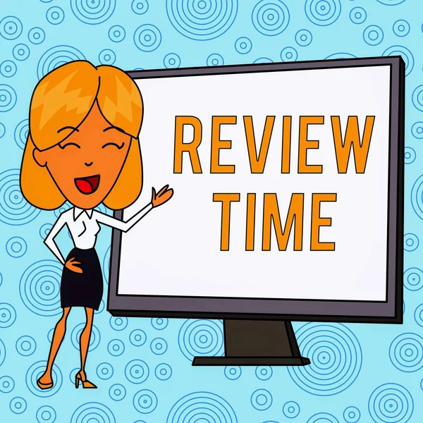 Word writing text Review Time. Business concept for to think or talk about something again Set schedule to review White Female in Standing Pointing Blank Screen Whiteboard Presentation.