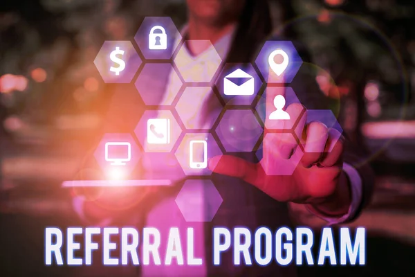 Writing note showing Referral Program. Business photo showcasing employees are rewarded for introducing suitable recruits.