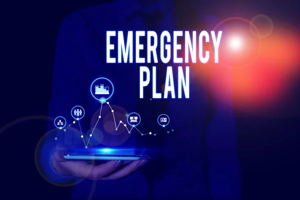 Text sign showing Emergency Plan. Conceptual photo procedures for handling sudden or unexpected situations Woman wear formal work suit presenting presentation using smart device. — Stock Photo, Image