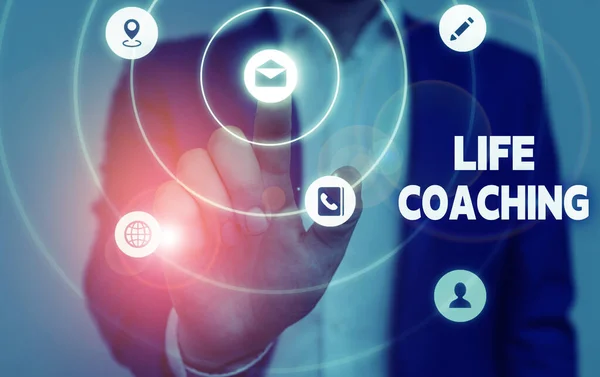 Handgeschreven tekst Life Coaching. Begrip betekenis verbeteren leeft door uitdagingen moedigt ons in onze carrières. — Stockfoto