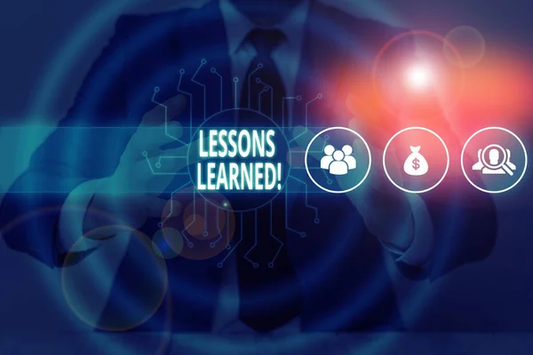 Text sign showing Lessons Learned. Conceptual photo experiences distilled project that should actively taken Male human wear formal work suit presenting presentation using smart device.