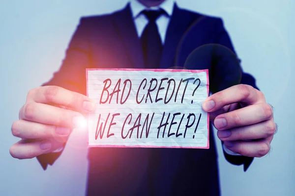 Текстовый знак, показывающий Bad Creditquestion Мы можем помочь. Концептуальное фото-предложение поможет получить положительную историю платежей . — стоковое фото