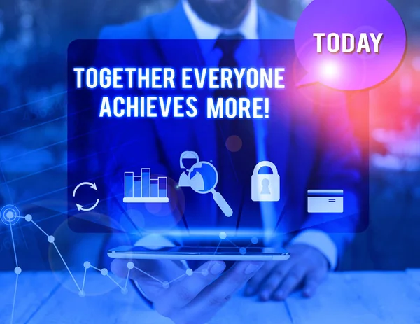 Handwriting text writing Together Everyone Achieves More. Concept meaning Members create synergy with strong sense mutual commitment man icons smartphone speech bubble office supplies technological de — Stock Photo, Image