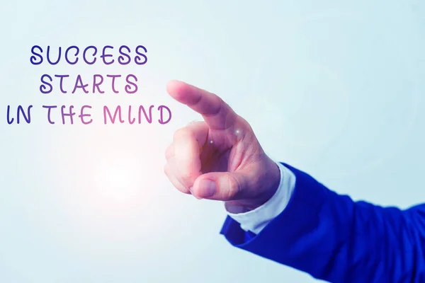 Word writing text Success Starts In The Mind. Business concept for set your mind to positivity it can go a long way Isolated hand pointing with finger. Business concept pointing finger.