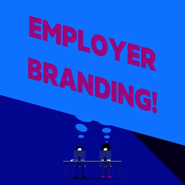 Word writing text Employer Branding. Business concept for promoting company employer choice to desired target group Two men sitting behind desk each one laptop sharing blank thought bubble.