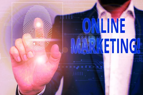 Szöveges jel mutatja online marketing. Fogalmi fénykép emelőerő pókháló kiindulópontul szolgáló felszánt elterül körülbelül cégek parázs hím emberi hord formális dolgozik öltözet bemutató bemutatás használ Szúró berendezés. — Stock Fotó