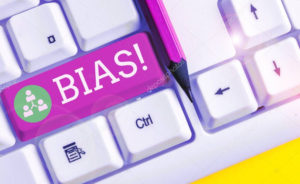 Text sign showing Bias. Conceptual photo inclination or prejudice for or against one demonstrating group White pc keyboard with empty note paper above white background key copy space.