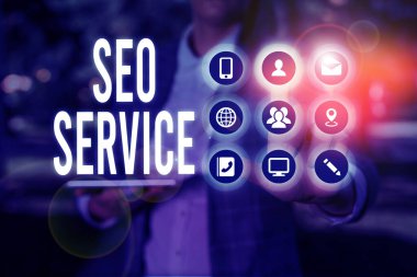 Seo Service yazılı el yazısı metin. Kavram anlamı teknikleri ve prosedürleri web sitesi görünürlüğünü artırmak için.
