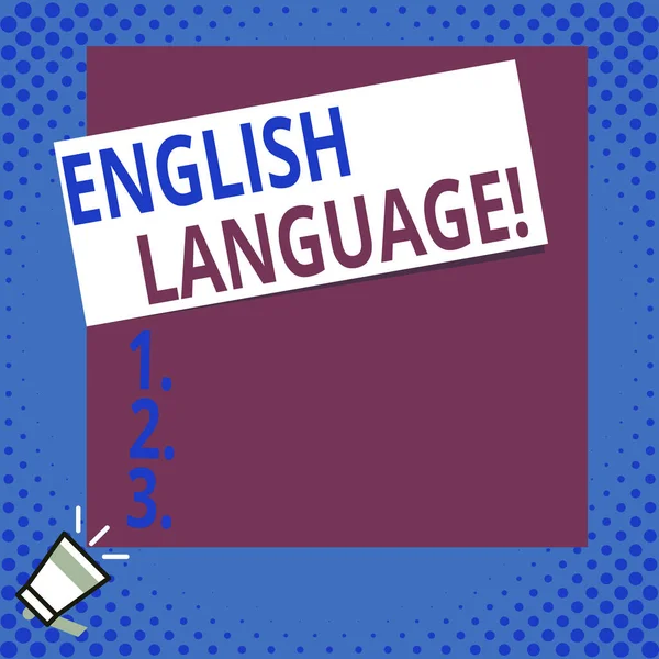 Nota di scrittura che mostra la lingua inglese. Foto d'affari in mostra terzo lang nativo parlato nel mondo dopo cinese e spagnolo Big bastone rettangolo quadrato vuoto sopra piccolo megafono angolo sinistro verso il basso . — Foto Stock