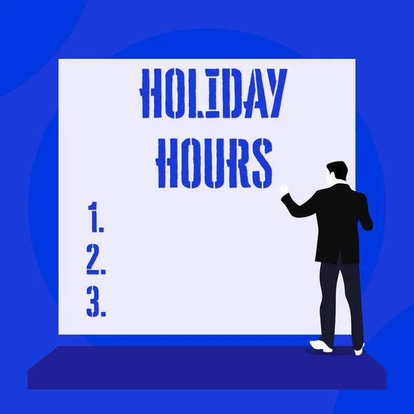 Text sign showing Holiday Hours. Conceptual photo employee receives twice their normal pay for all hours Back view young man dressed suit standing platform facing blank rectangle. — Stock Photo, Image