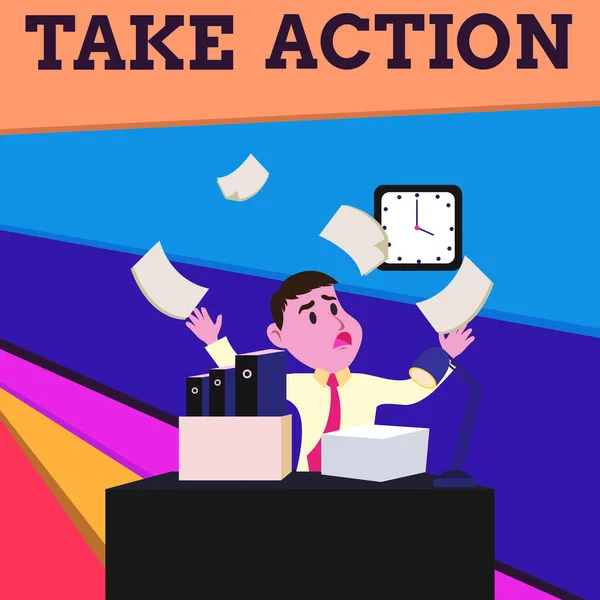 Texto escrito à mão Take Action. Conceito que significa fazer algo oract, a fim de obter um resultado particular Confuso Masculino Empregado Gerente espaço de trabalho desordenado Overflow Falta de tempo . — Fotografia de Stock