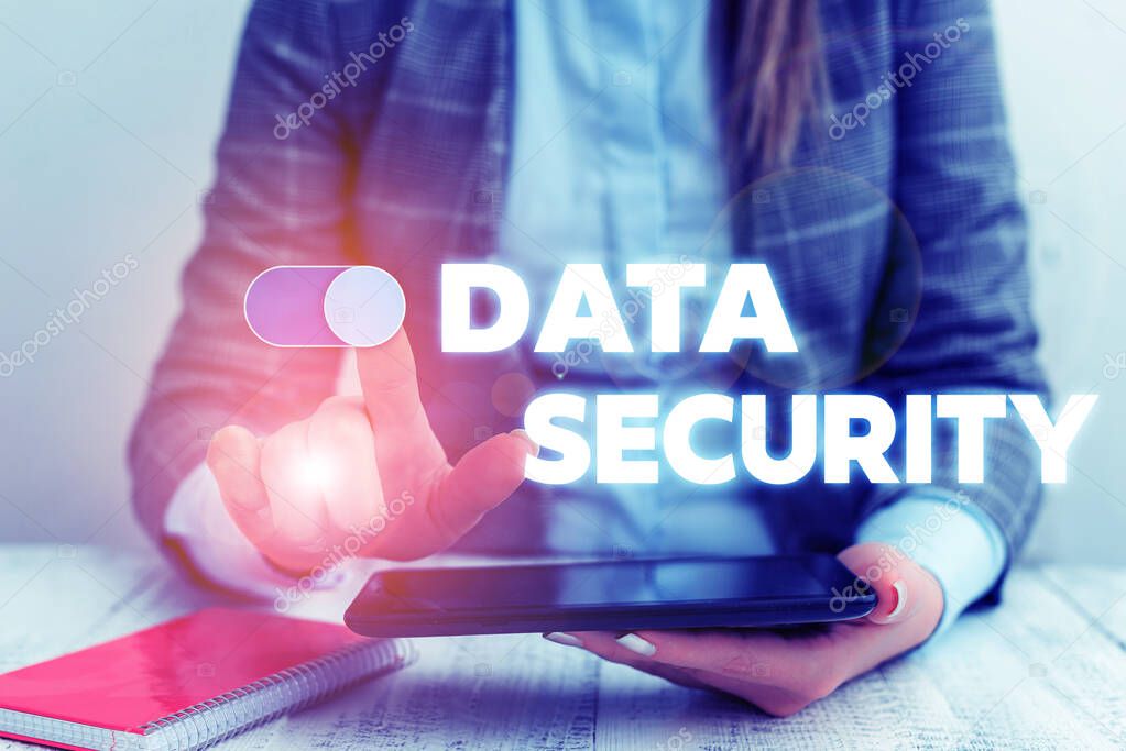Conceptual hand writing showing Data Security. Business photo showcasing Confidentiality Disk Encryption Backups Password Shielding Business concept with communication mobile phone.