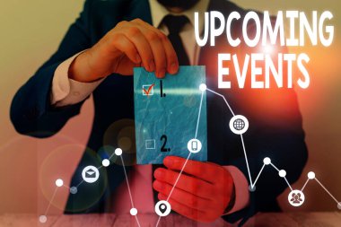 Yaklaşan Olayları gösteren kavramsal el yazısı. Yaklaşan planlanan kamusal veya sosyal etkinlikleri sergileyen iş fotoğrafı.