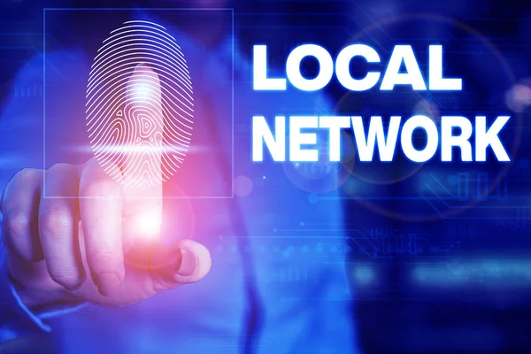 Handwriting text writing Local Network. Concept meaning Intranet LAN Radio Waves DSL Boradband Switch Connection Woman wear formal work suit presenting presentation using smart device.