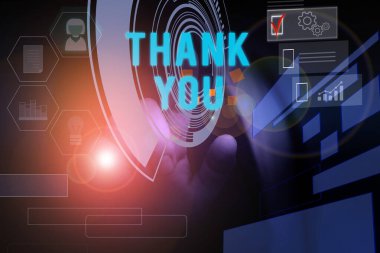 Text sign showing Thank You. Conceptual photo a polite expression used when acknowledging a gift or service Male human wear formal work suit presenting presentation using smart device. clipart