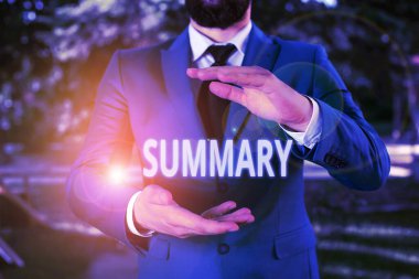 El yazısı metin Özeti. Kavram kısa bir ifade veya açık elleri ile Adam bir şey ana noktalarının hesap anlamına gelir suit duruyor. Kopya alanı ve insan ile kavram.