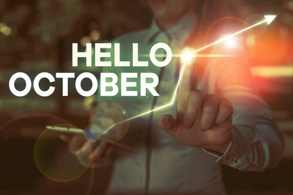 Escritura a mano conceptual que muestra Hello October. Texto de la foto del negocio Último trimestre Décimo mes 30days Season Greeting . — Foto de Stock