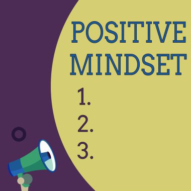 El yazısı metin yazma Pozitif Mindset. Kavram anlamı zihinsel tutum wich olumlu sonuçlar yarım parça boş büyük balon boş metin küçük megafon ile bekliyoruz. Duyuru.