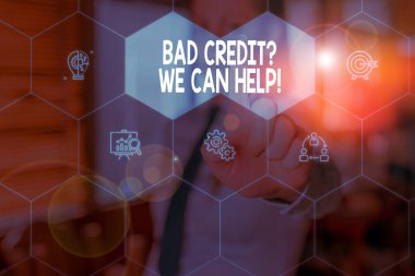 Kötü Kredisoru Gösteren Kavramsal el yazısı Biz Yardımcı Olabiliriz. Olumlu ödeme geçmişi elde etmek için yardım İş fotoğraf metin Kadın sunum akıllı cihaz sunan iş elbisesi giymek.